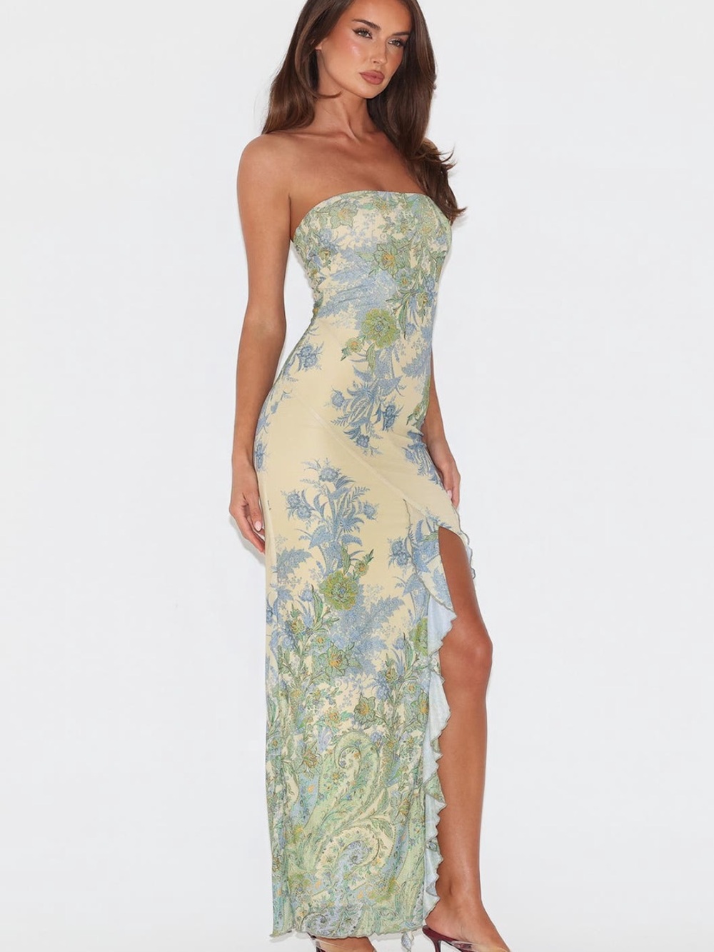 Strapless Floral Lace-Trim Maxi Dress in Pastel Yellow and Blue